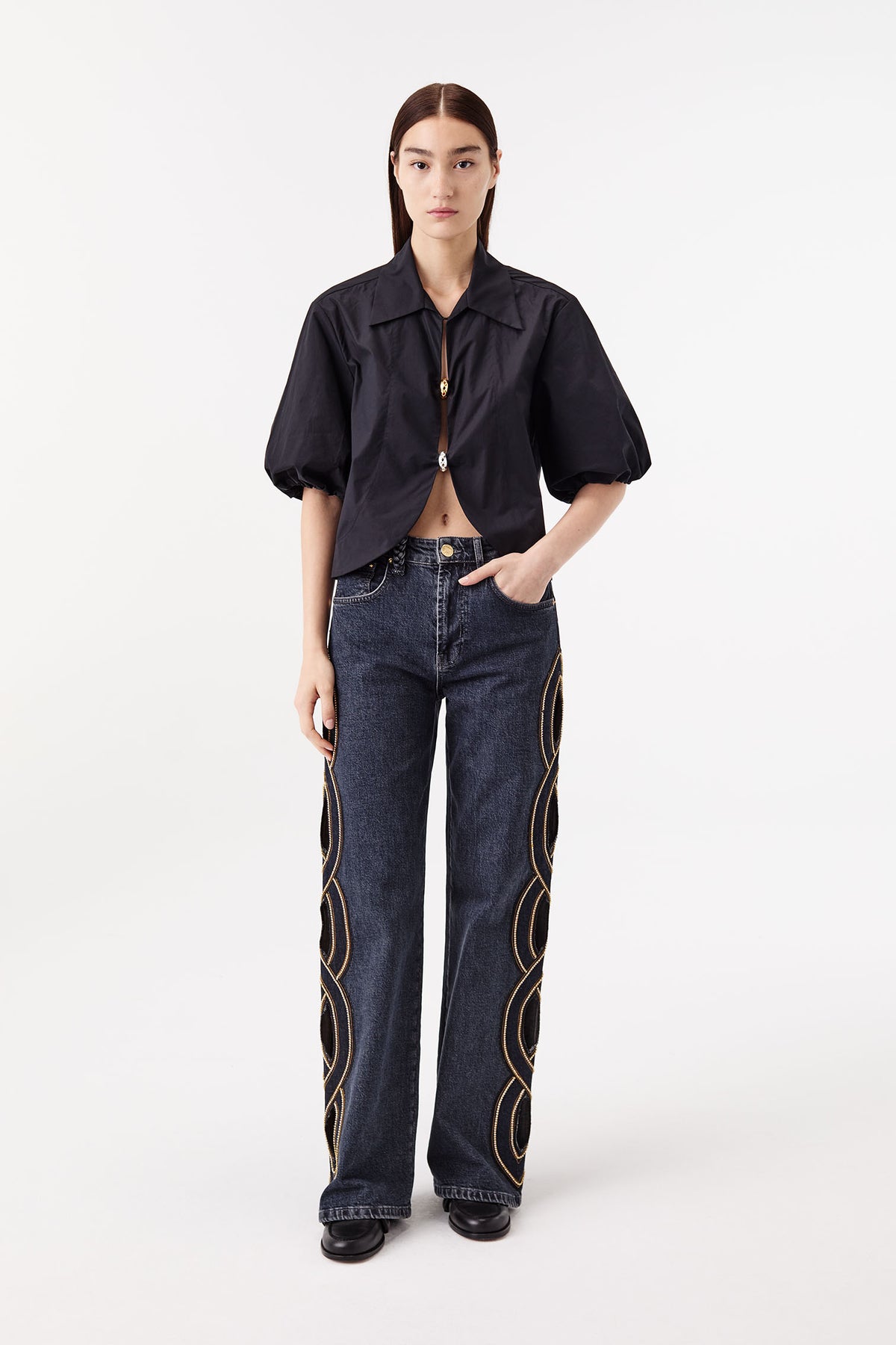 Denim with rhinestone braid