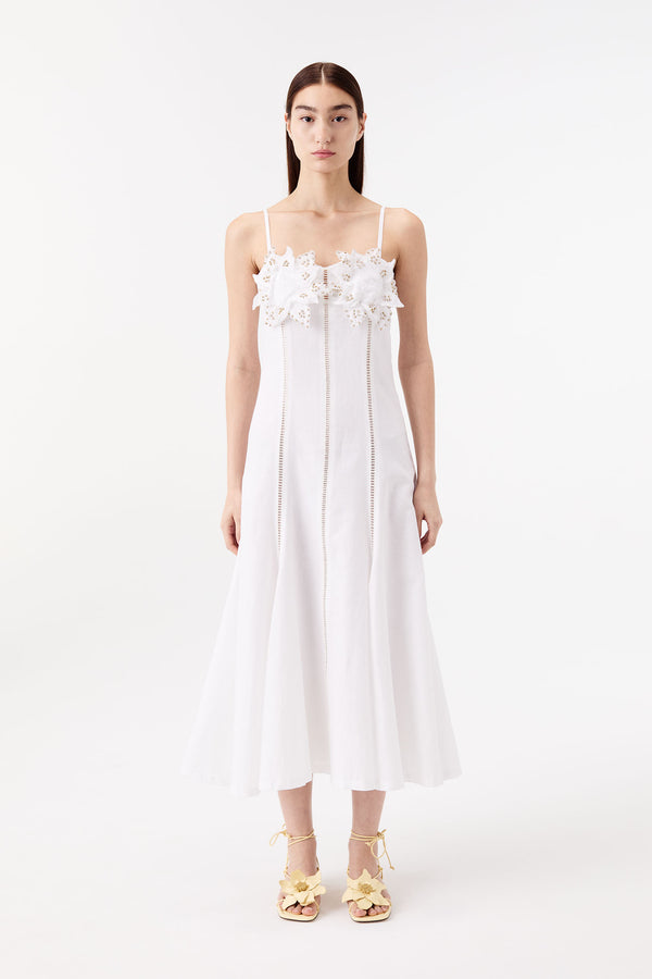 Long dress with a floral-embellished bodice