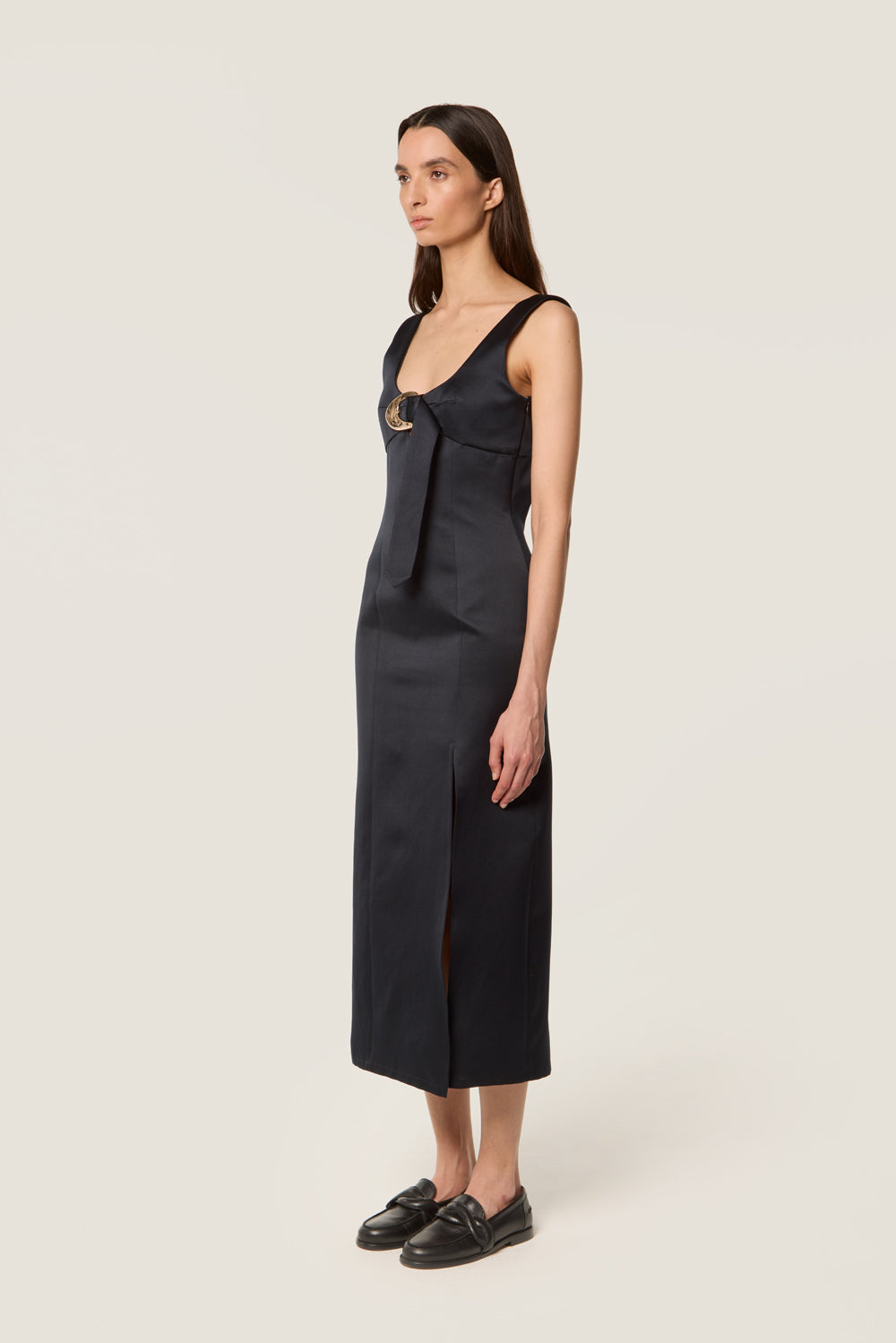 Long black satin dress