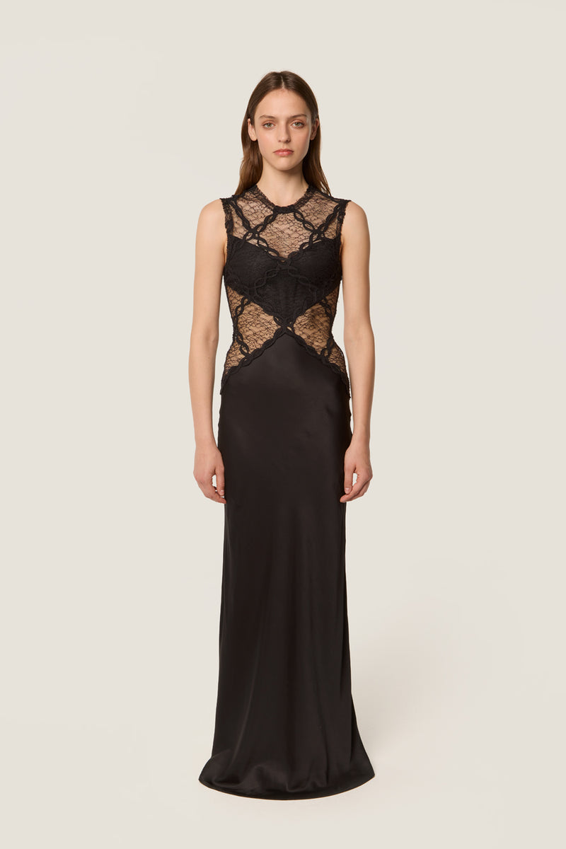 Robe longue en dentelle et satin