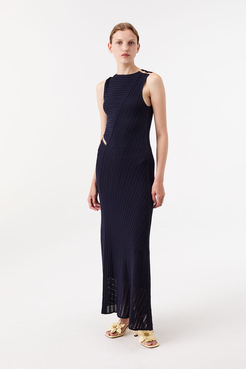 Long knit dress with gold jewelry accents