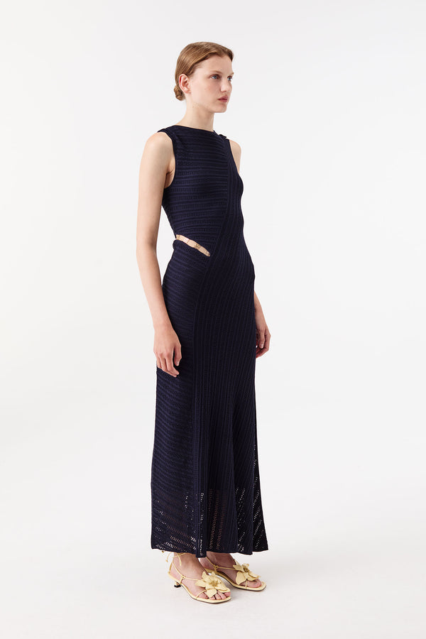 Long knit dress with gold jewelry accents