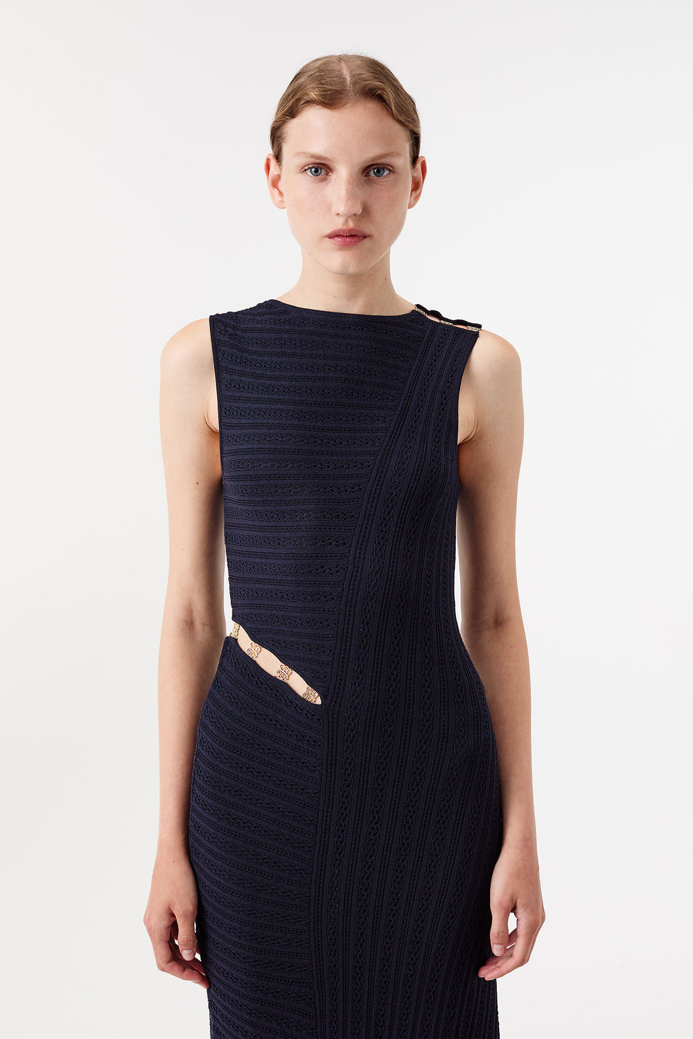 Long knit dress with gold jewelry accents
