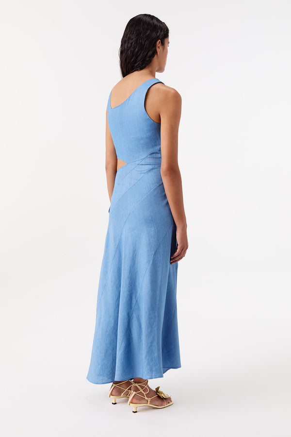 Asymmetrical dress with a slit at the waist