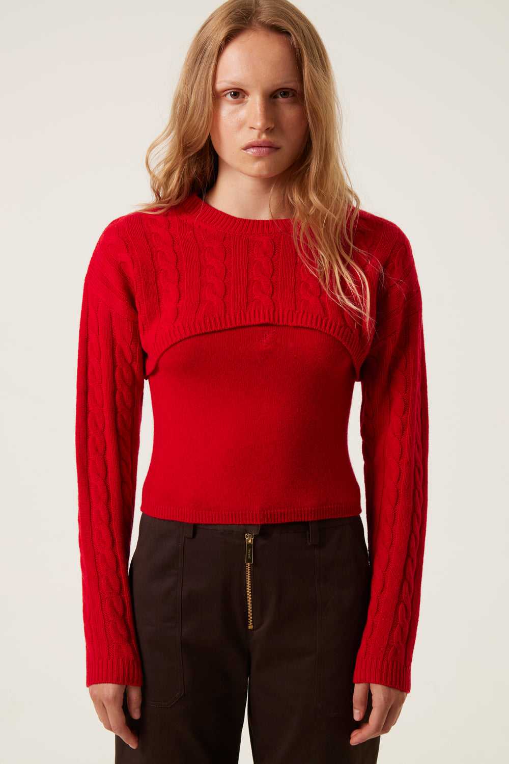 Red cable knit wool sweater