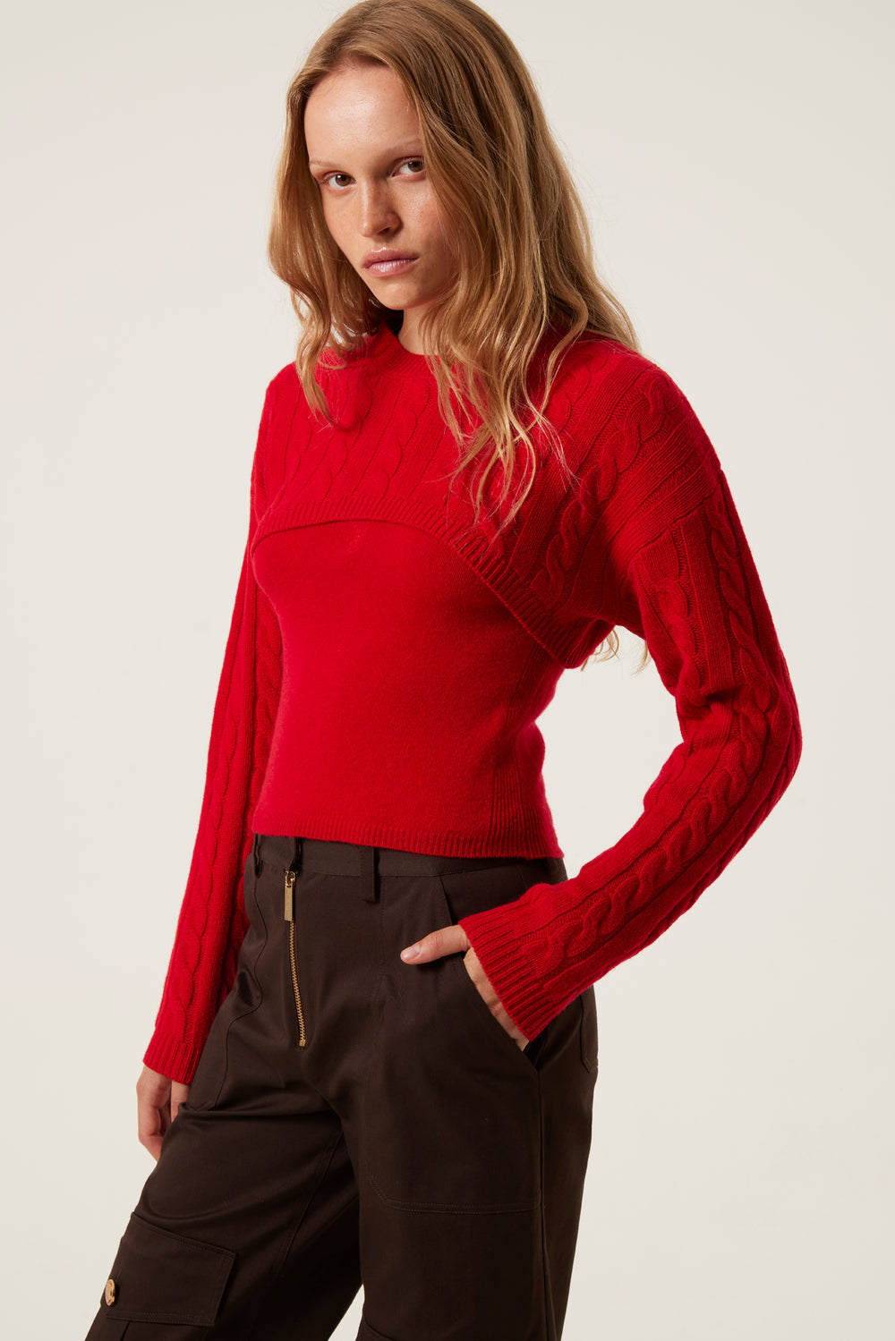 Red cable knit wool sweater