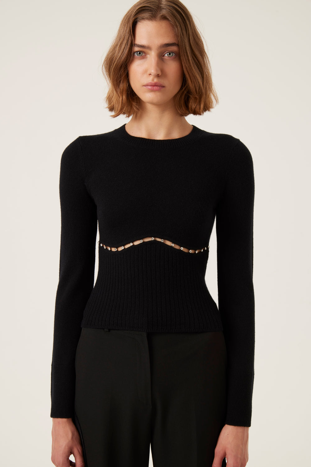 Rhinestone-adorned opening sweater