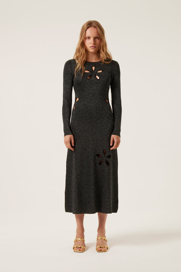 Long knit dress with openings and gold buttons