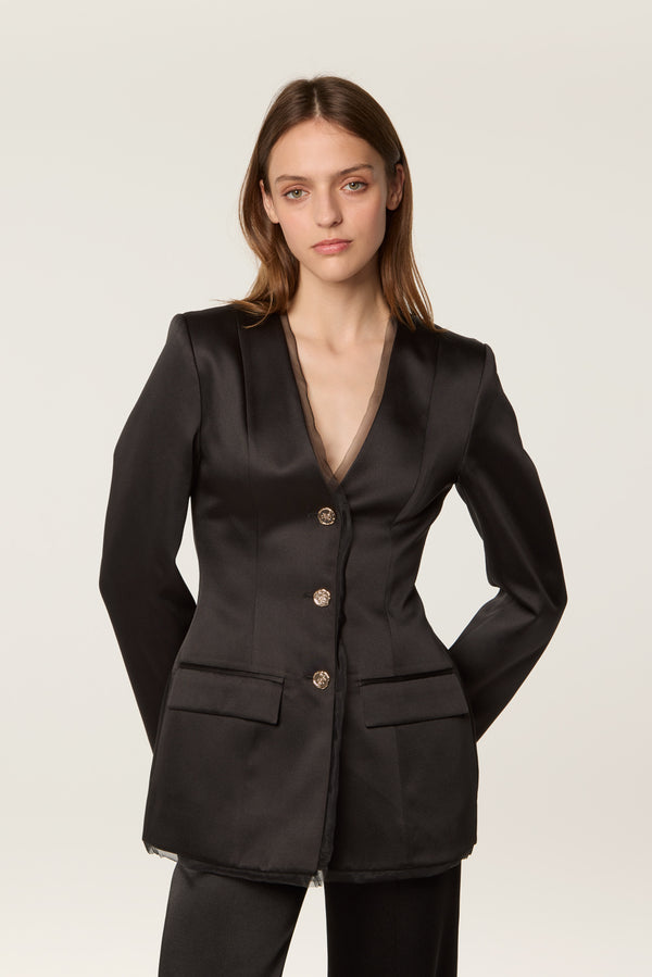 Black satin suit jacket