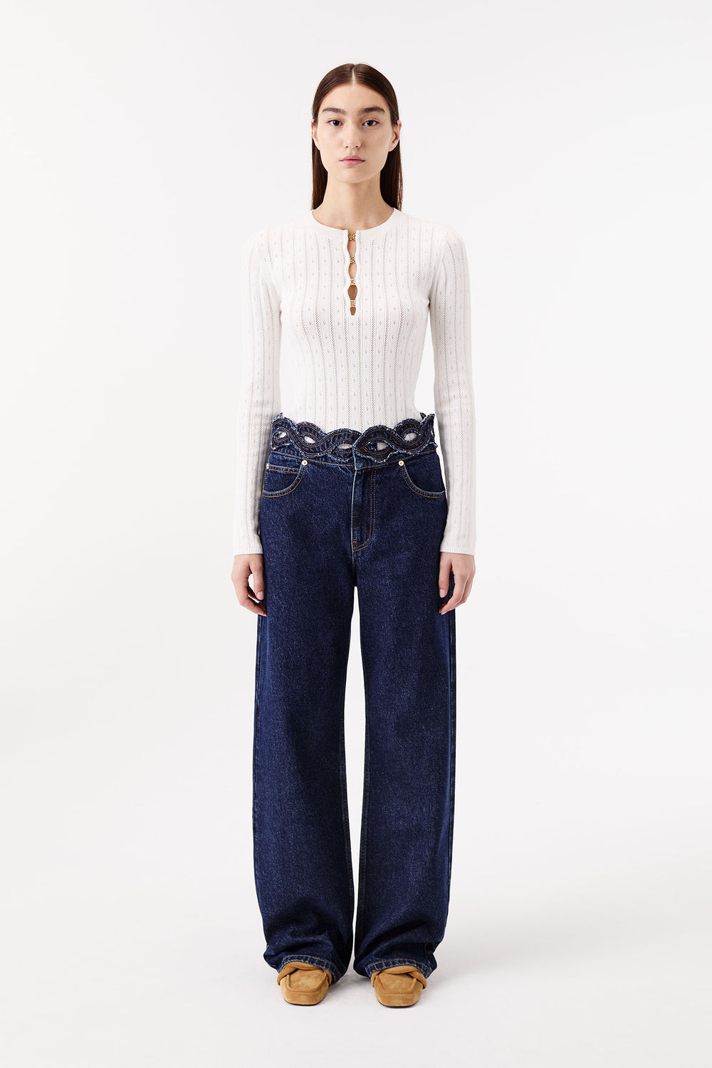 Denim brut à ceinture tresse