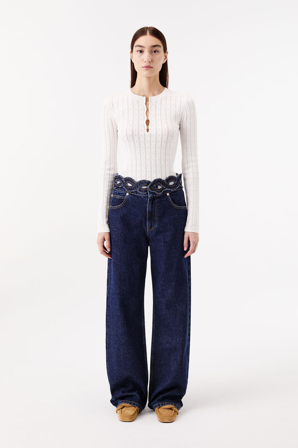 Raw denim with a braided waistband