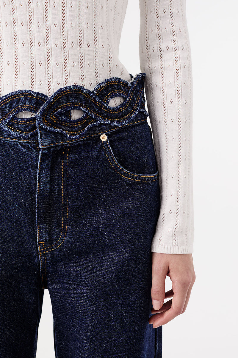 Raw denim with a braided waistband