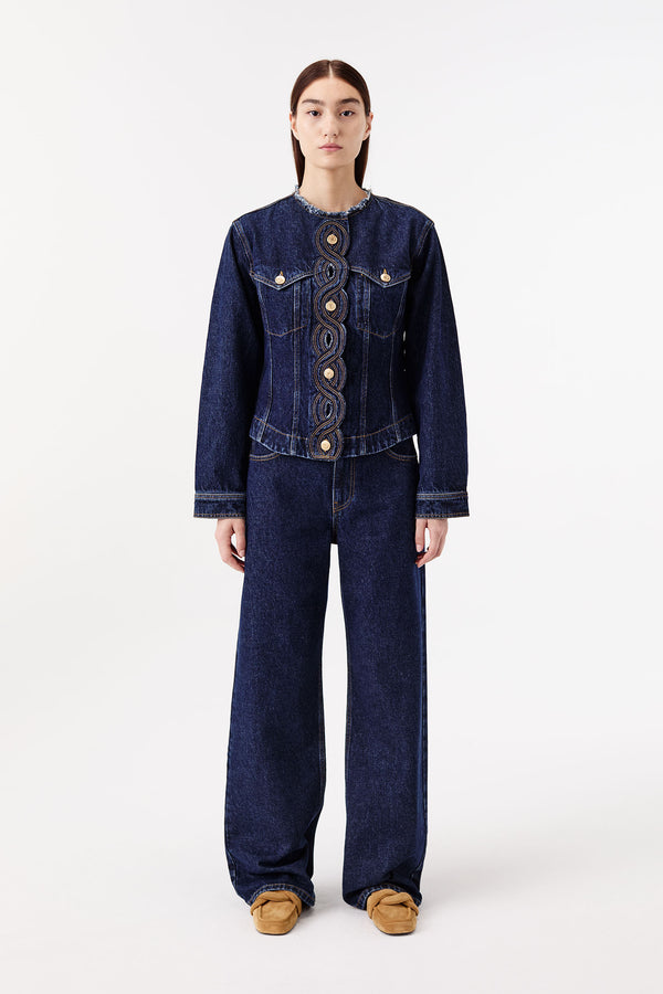 Denim jacket with braided buttonholes
