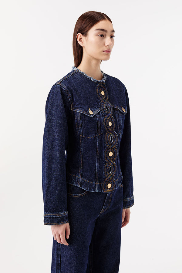 Denim jacket with braided buttonholes