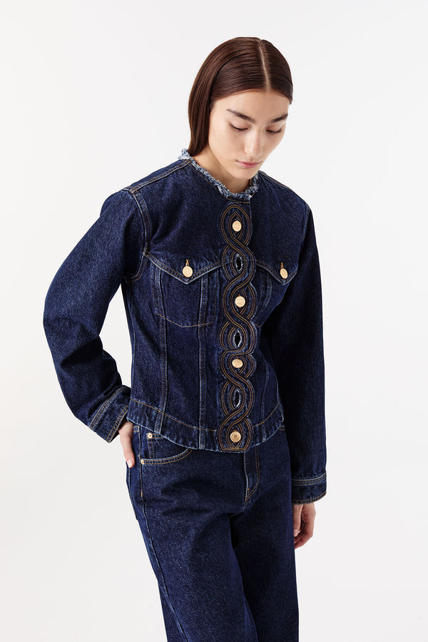 Denim jacket with braided buttonholes