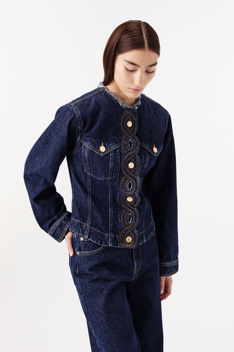 Denim jacket with braided buttonholes