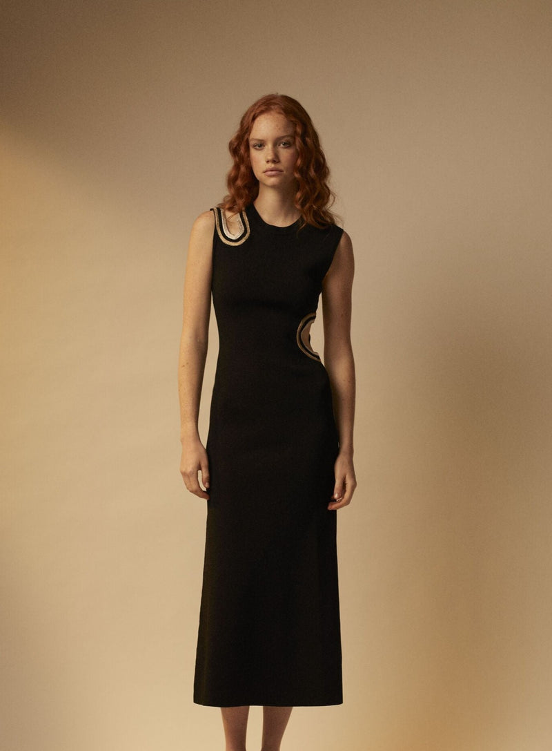 Long dress in knitted fabric with cut-outs