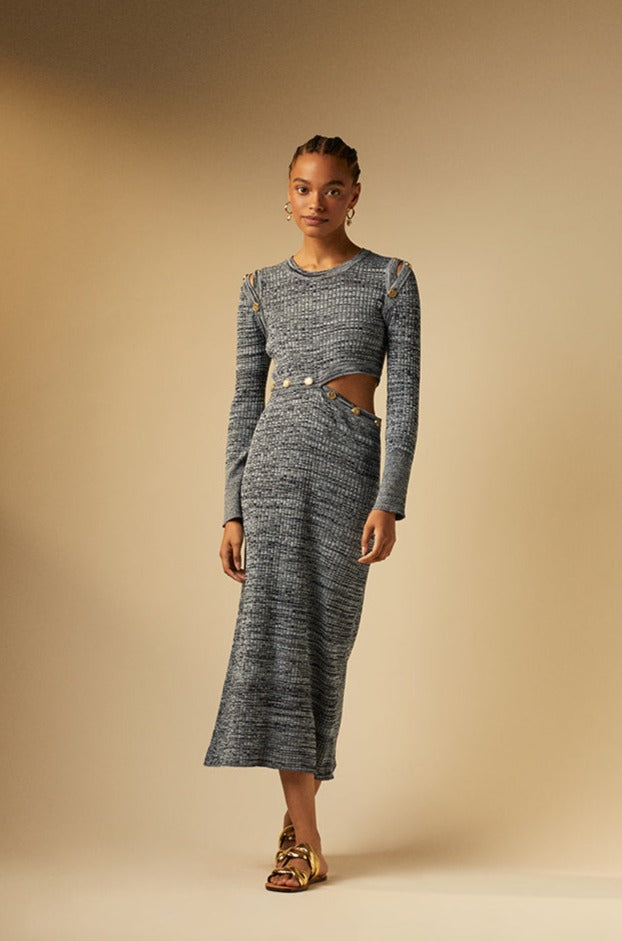 Knitted maxi dress with gold buttons and openings