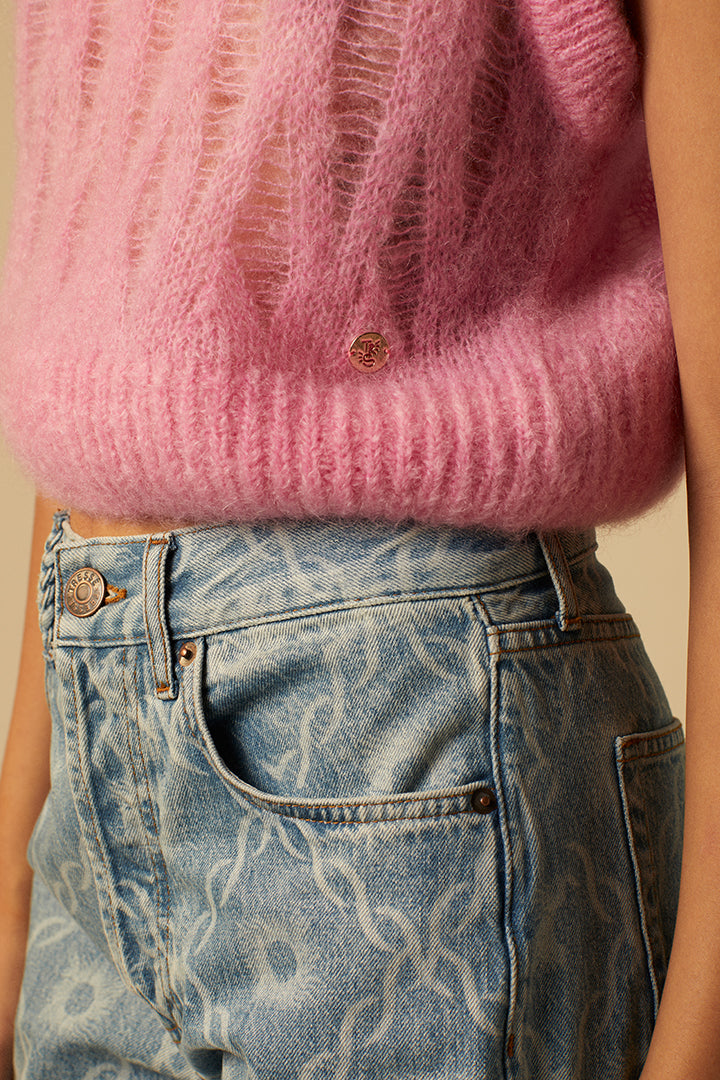 Openwork pink mohair sweater