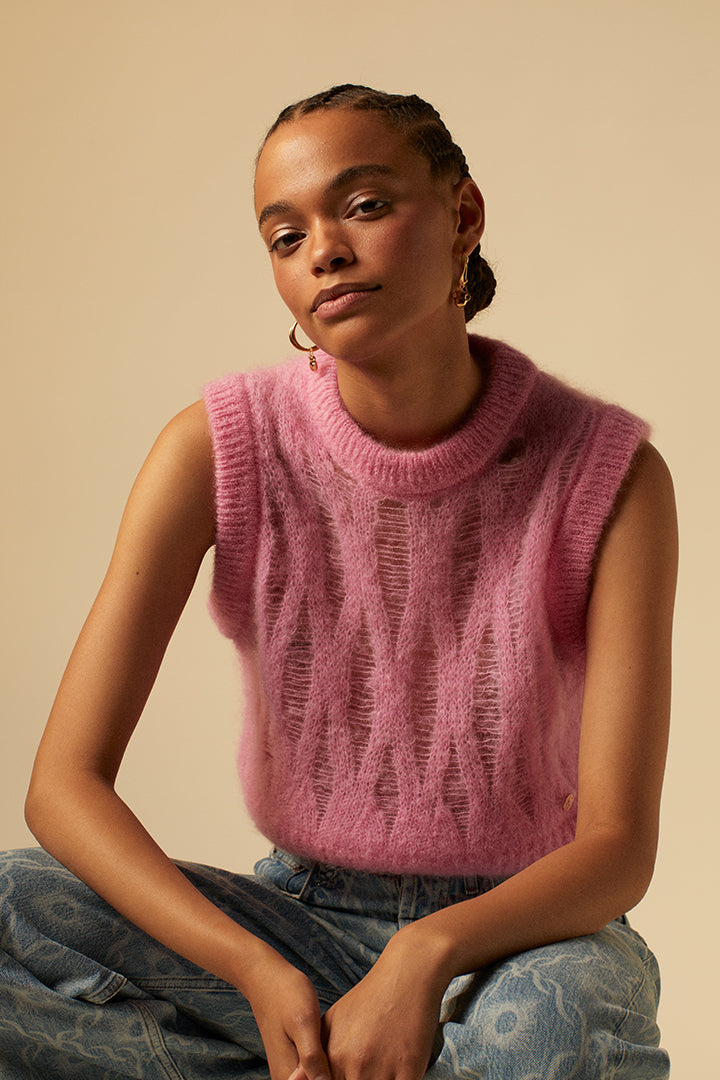 Openwork pink mohair sweater