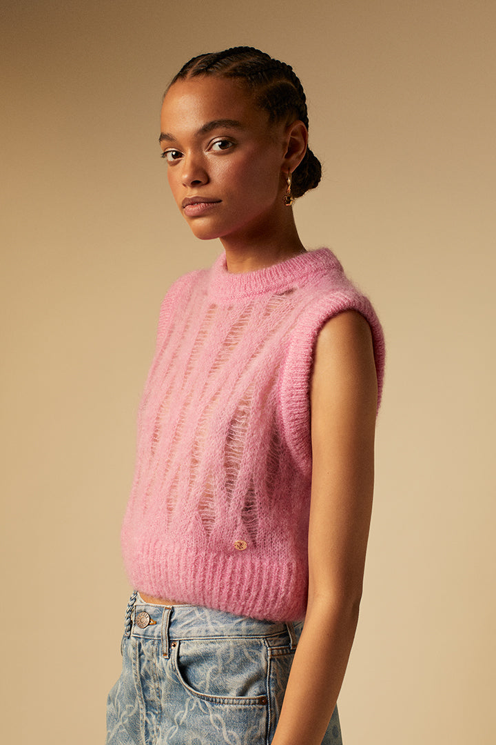 Openwork pink mohair sweater