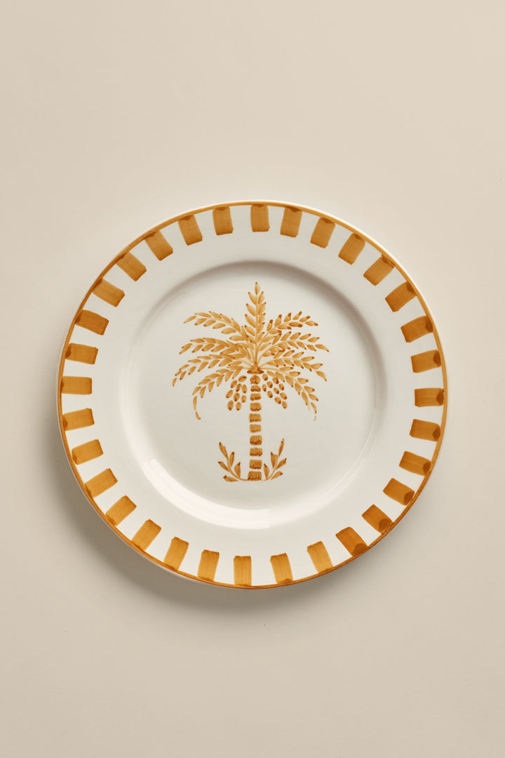 Ochre checkerboard and palm dinner plate