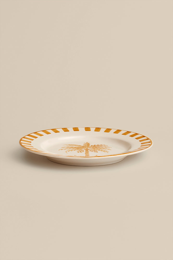 Ochre checkerboard and palm dinner plate