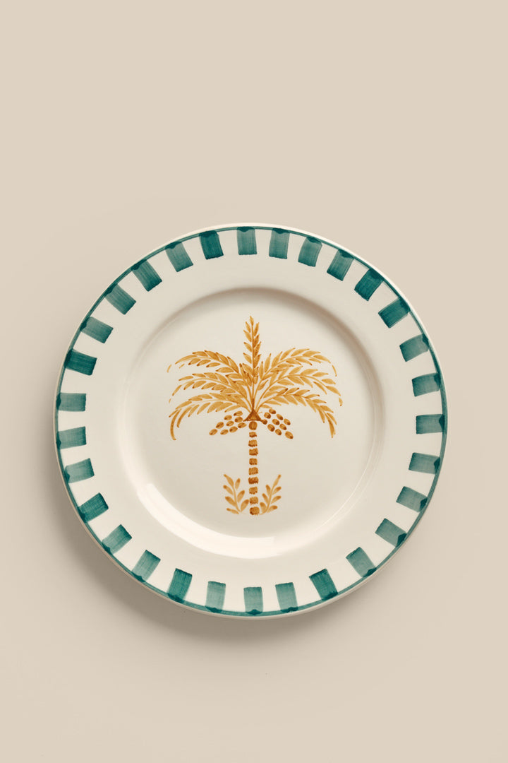 Green checkerboard and palm dinner plate