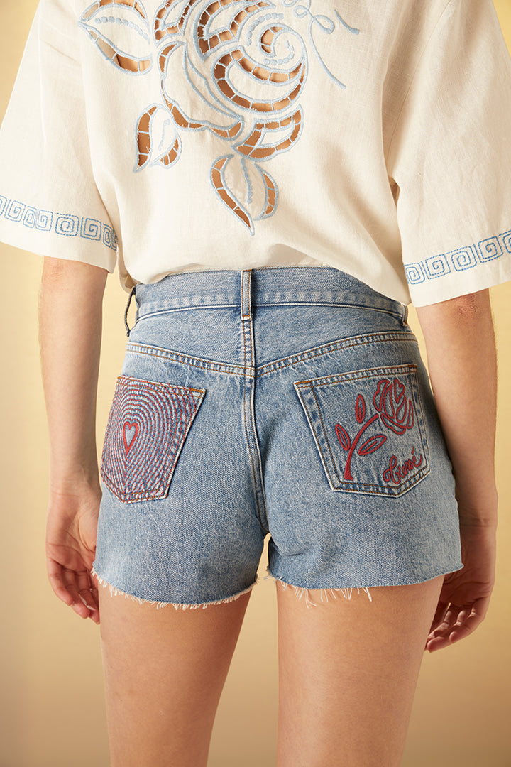 Embroidered denim shorts