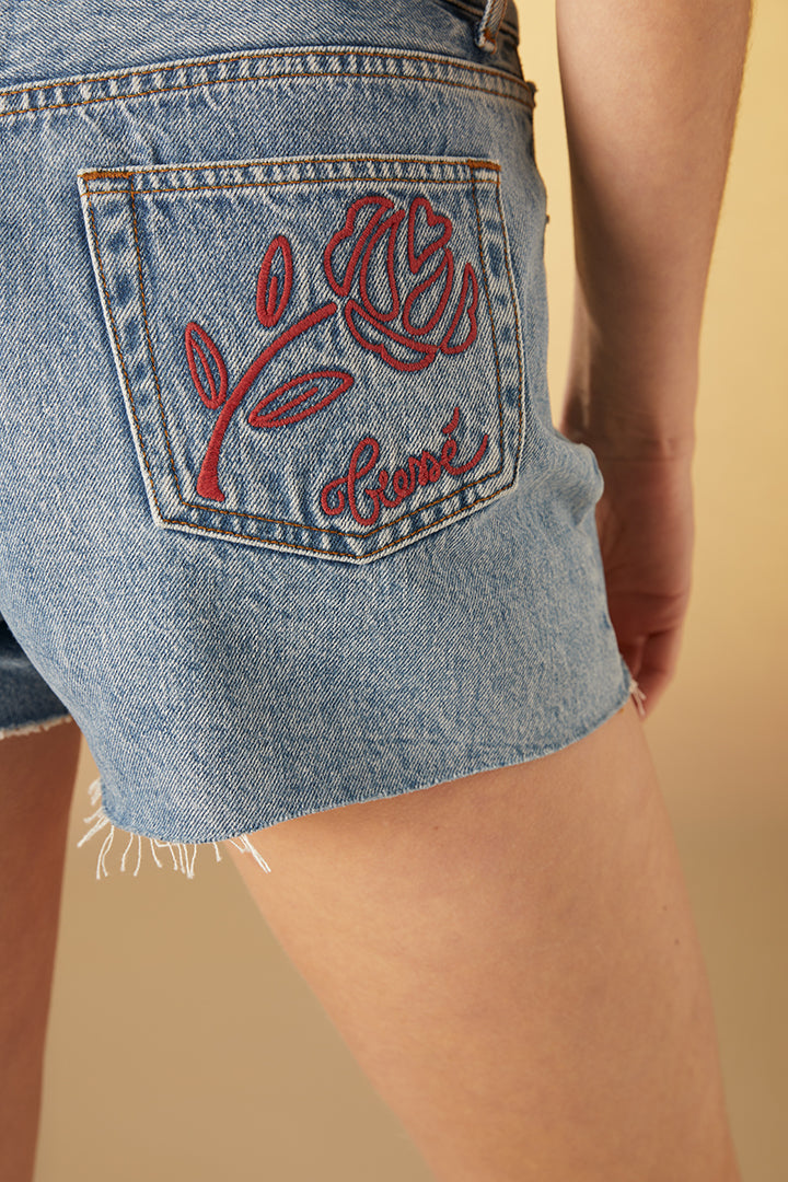 Embroidered denim shorts