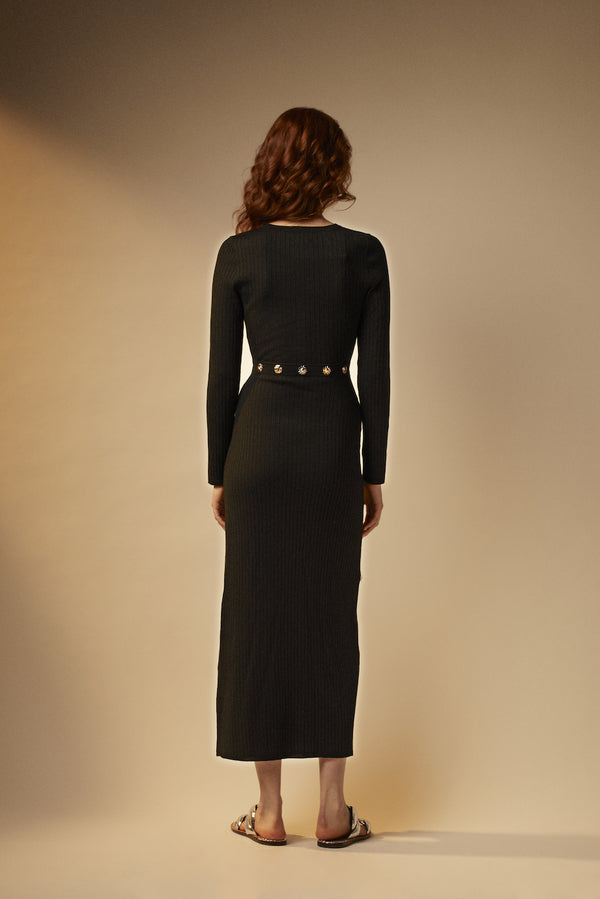 Long dress in knitted fabric with cut-outs