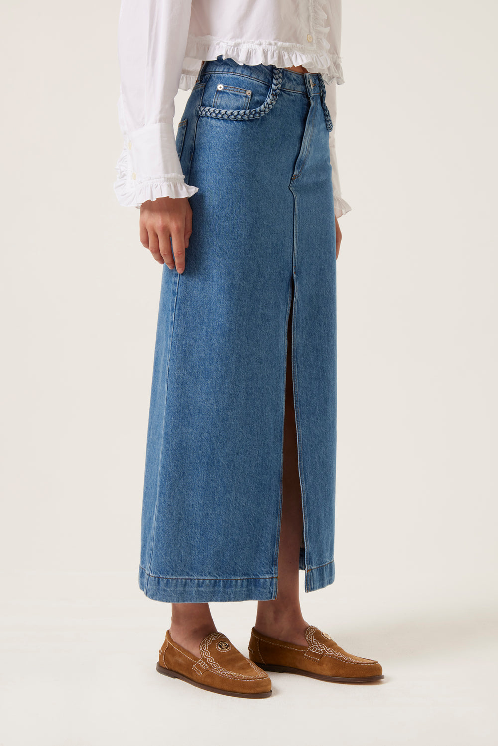 Long slit denim skirt