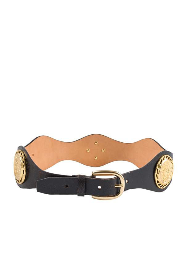 Leather belt with sun medals - Tresse Paris